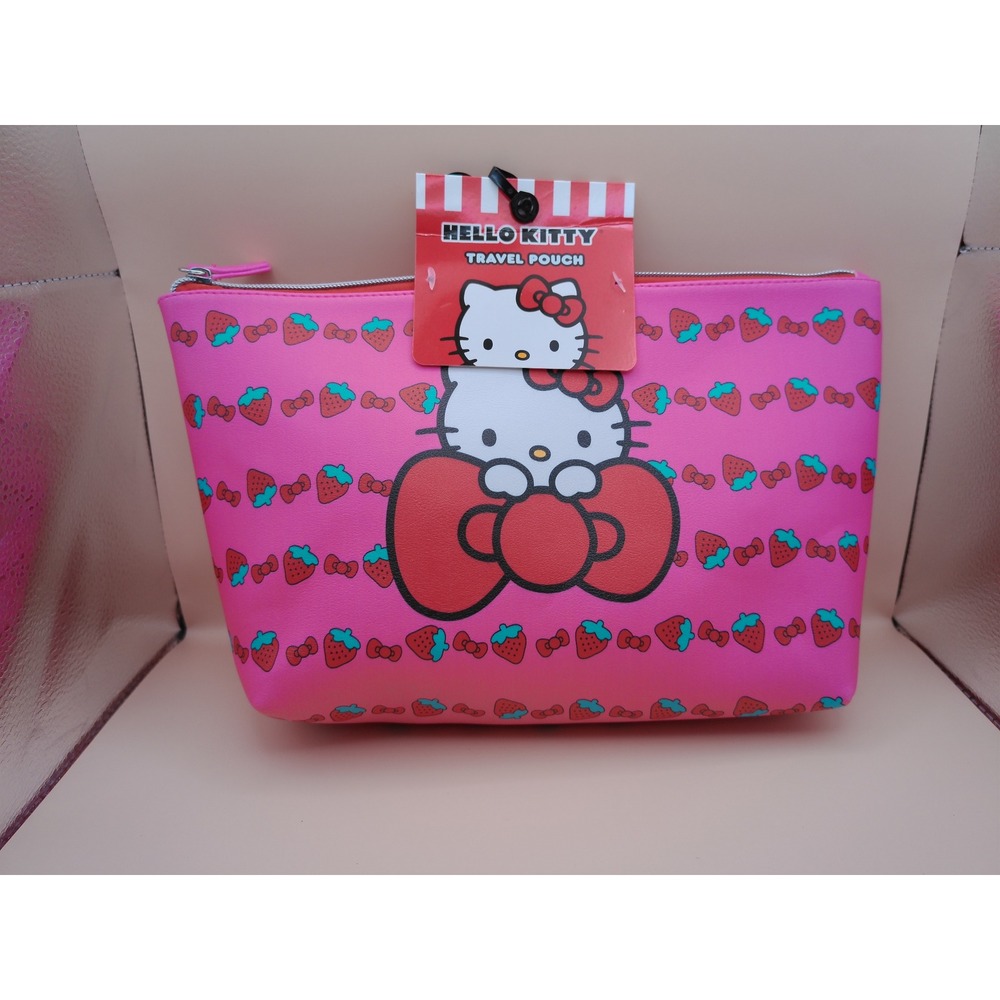 Sanrio Hello Kitty Pink Strawberry Bow Travel Pouch Cosmetic Bag SIL-34576 NWT